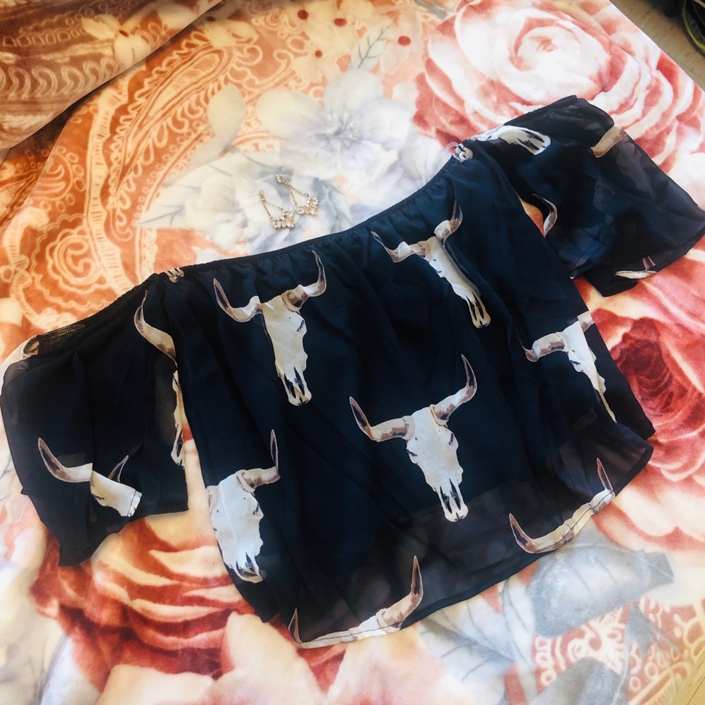 Navy bull head off the shoulder top
